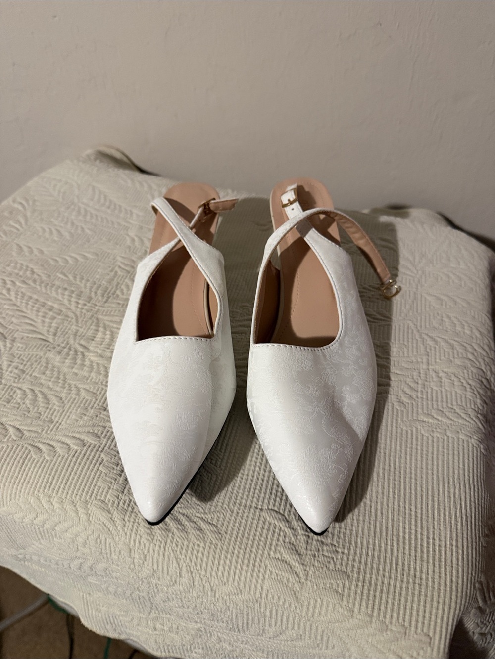 White Jacquard Pointed Toe Slingback Low Block Heels EU 42